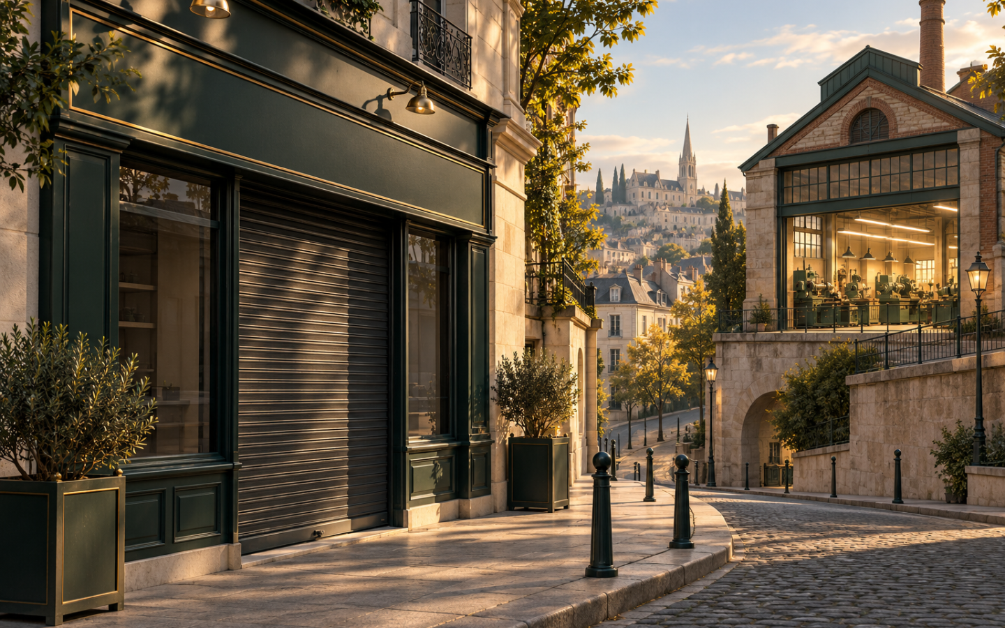 Rue commerçante avec une boutique fermée et un atelier éclairé, illustration des écarts de confiance entre secteurs
