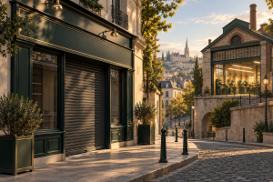 Rue commerçante avec une boutique fermée et un atelier éclairé, illustration des écarts de confiance entre secteurs