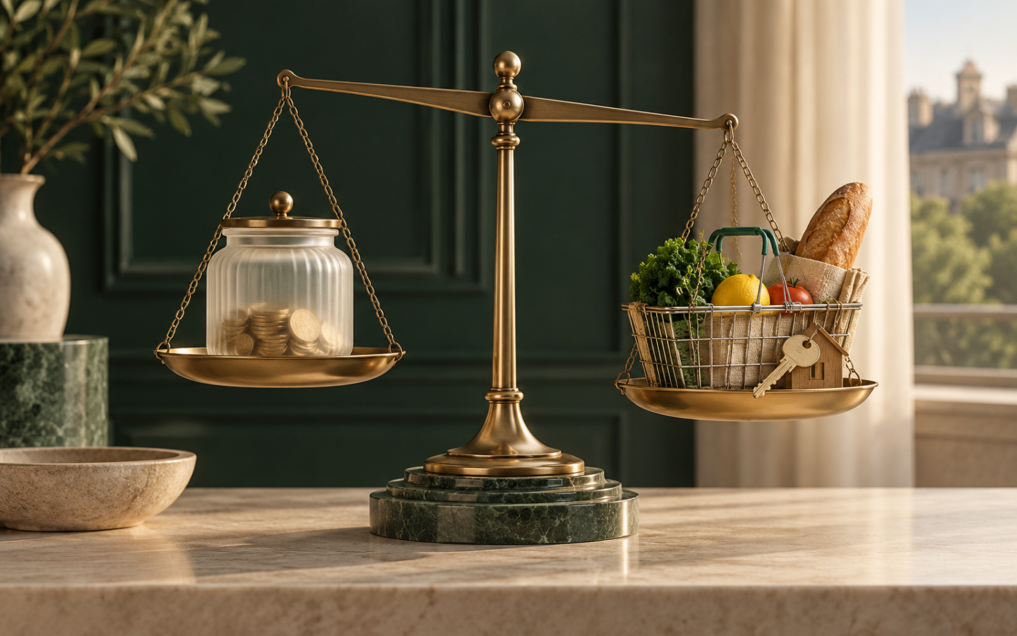 Balance entre une réserve de pièces et un panier de courses, illustration des arbitrages des ménages