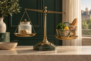 Balance entre une réserve de pièces et un panier de courses, illustration des arbitrages des ménages
