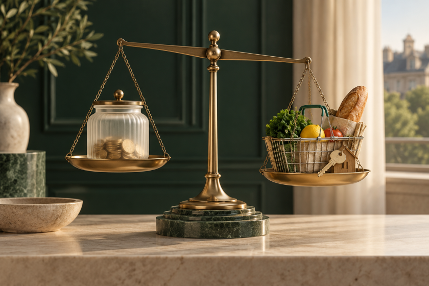Balance entre une réserve de pièces et un panier de courses, illustration des arbitrages des ménages