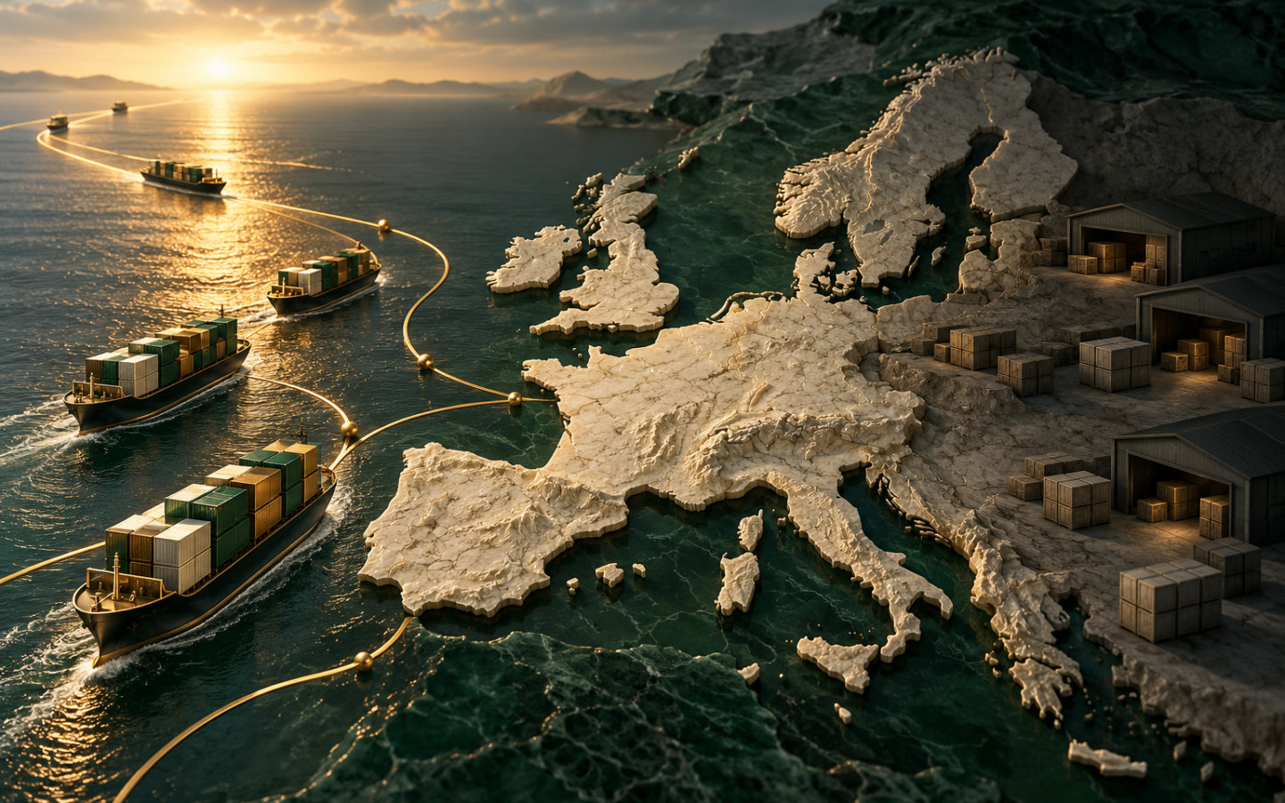 Carte en relief de l’Europe avec des cargos et des marchandises, illustration de la contribution du commerce extérieur à la croissance