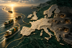 Carte en relief de l’Europe avec des cargos et des marchandises, illustration de la contribution du commerce extérieur à la croissance