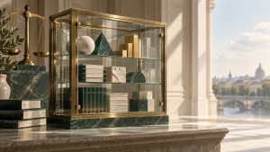 Illustration éditoriale d’actifs conservés dans une vitrine sécurisée, évoquant le rôle de dépositaire d’un fonds