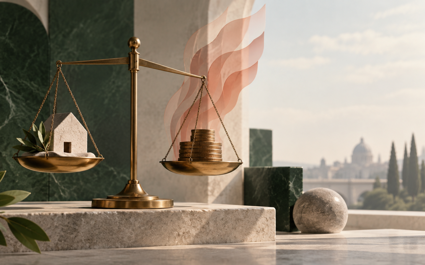 Illustration éditoriale d’une balance et de pièces évoquant les prix et l’inflation, sans représenter des données chiffrées