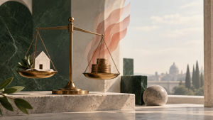 Illustration éditoriale d’une balance et de pièces évoquant les prix et l’inflation, sans représenter des données chiffrées