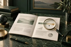 Document d’informations stylisé et loupe sur une échelle abstraite, illustration de la lecture attentive d’un placement.