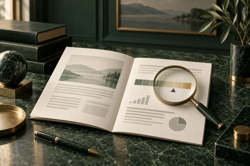 Document d’informations stylisé et loupe sur une échelle abstraite, illustration de la lecture attentive d’un placement.