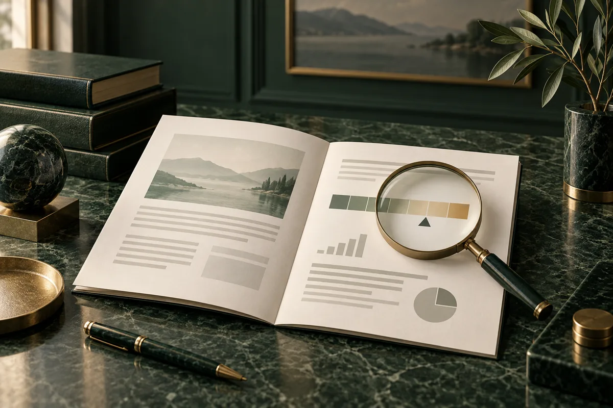 Document d’informations stylisé et loupe sur une échelle abstraite, illustration de la lecture attentive d’un placement.