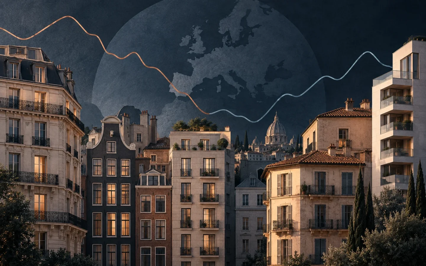 Illustration conceptuelle d’immeubles européens aux trajectoires de prix différentes