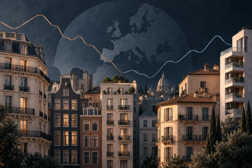 Illustration conceptuelle d’immeubles européens aux trajectoires de prix différentes