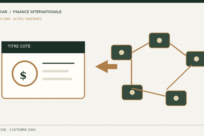 Illustration d’un titre financier relié à un réseau de registres numériques