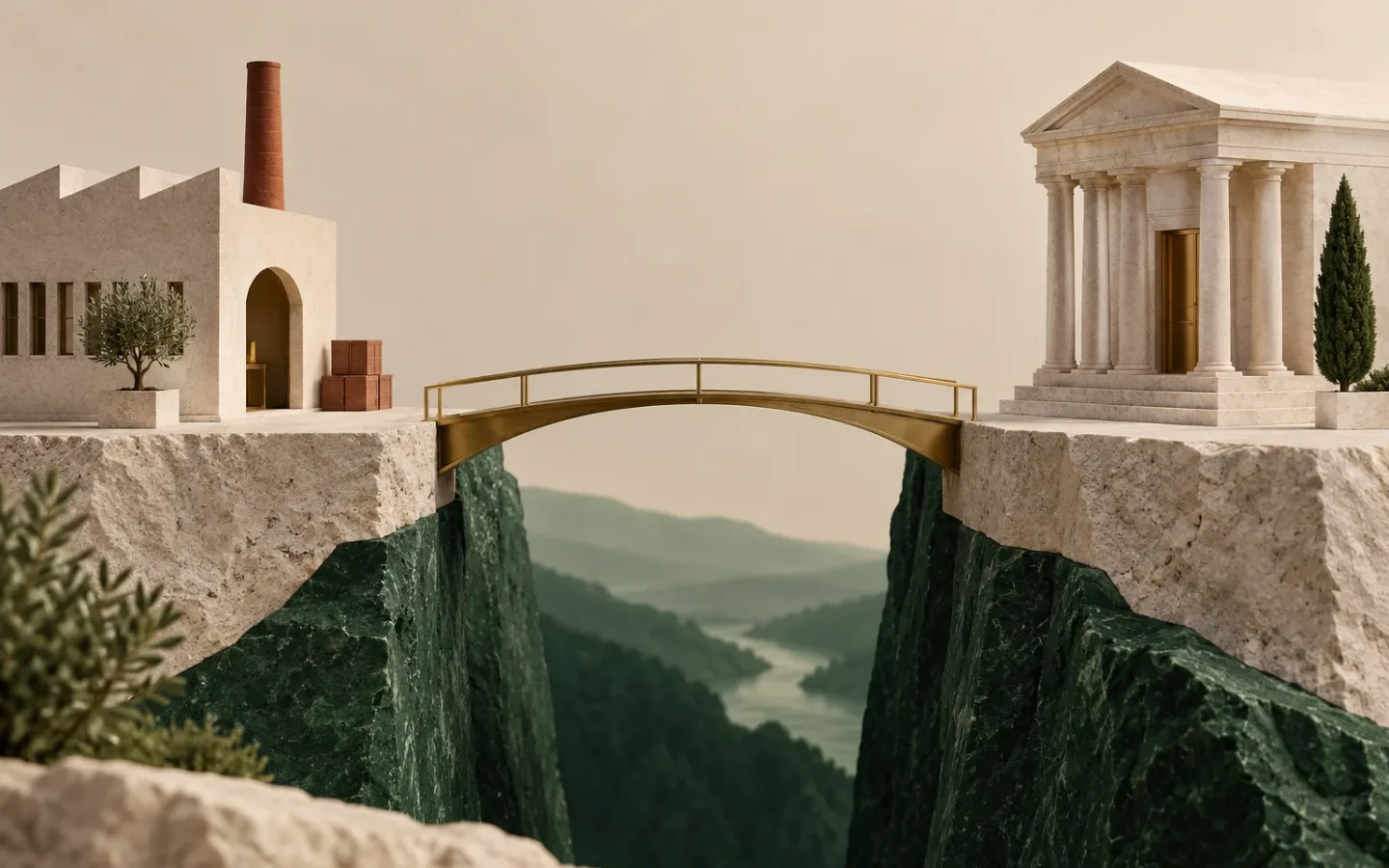 Un pont relie deux structures économiques, illustration des conditions de financement des entreprises.