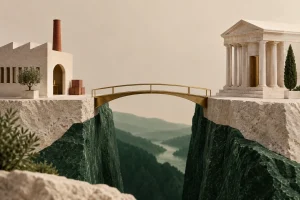 Un pont relie deux structures économiques, illustration des conditions de financement des entreprises.