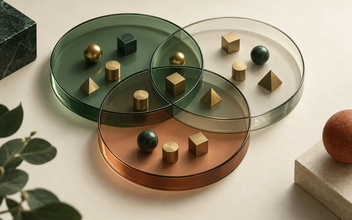 Plusieurs formes de verre transparent se superposent sur un fond crème, métaphore des différentes dimensions de risque d’un investissement.