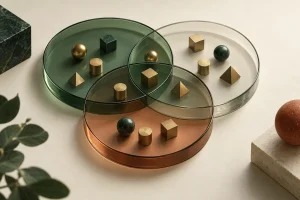 Plusieurs formes de verre transparent se superposent sur un fond crème, métaphore des différentes dimensions de risque d’un investissement.