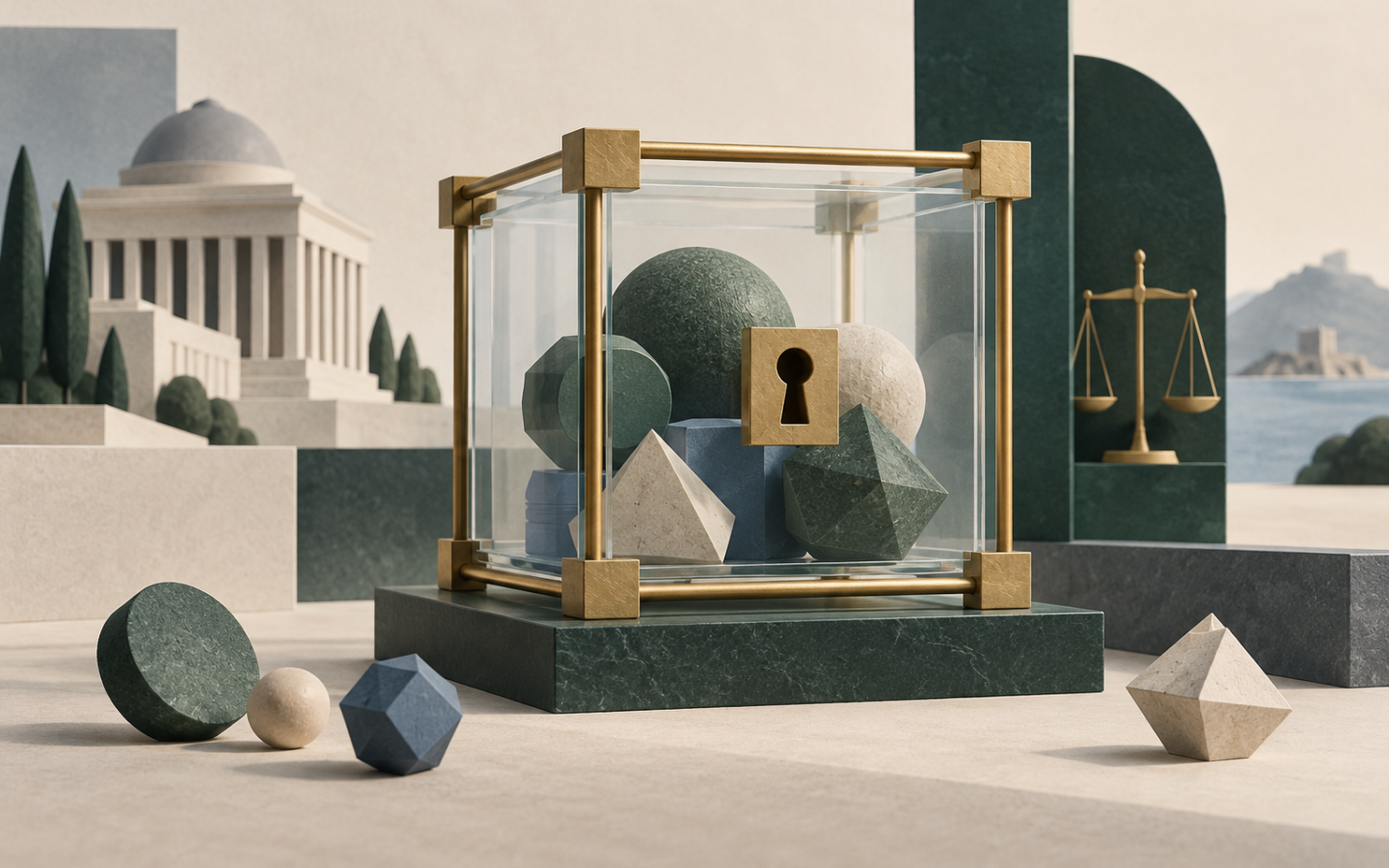 Actifs symboliques dans un écrin de verre sécurisé, illustrant la conservation et les limites de protection.