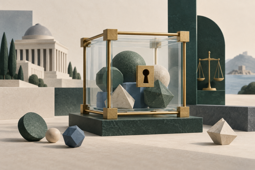 Actifs symboliques dans un écrin de verre sécurisé, illustrant la conservation et les limites de protection.